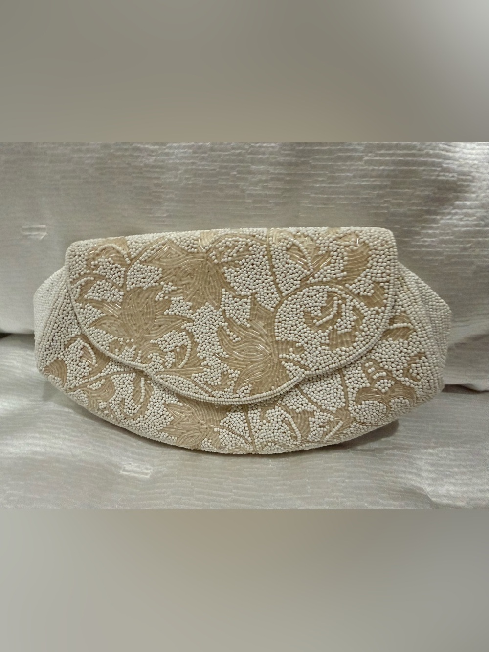 Beaded Floral Embroidered Cream Evening Clutch